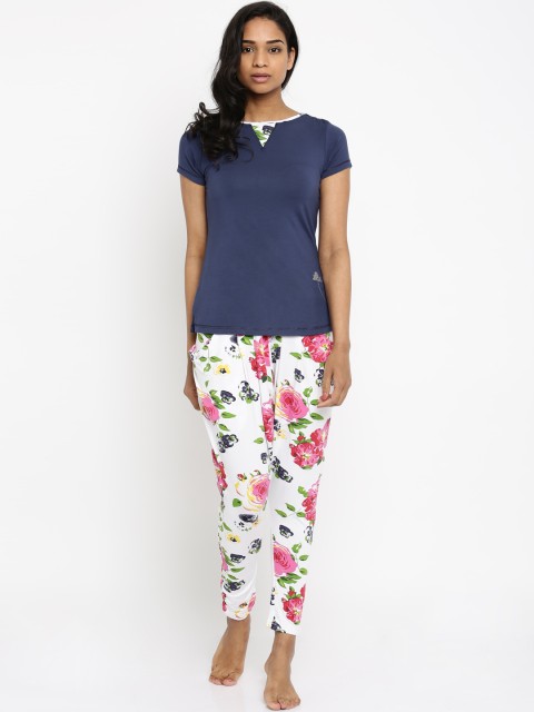 

SDL by Sweet Dreams Navy & White Floral Print Night Suit 262716, Navy blue