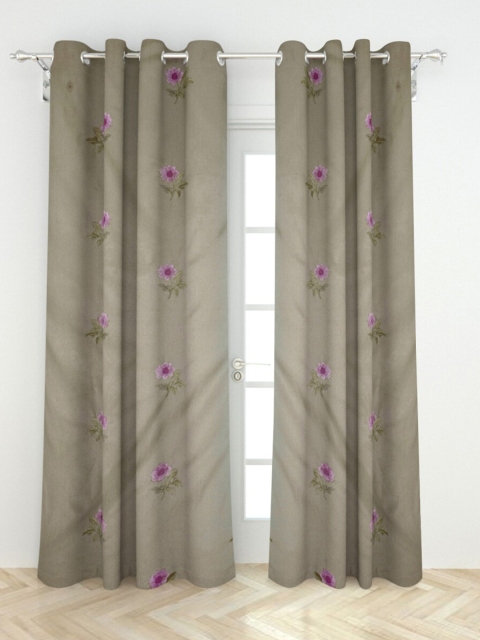 

Set Of 2 Grey Floral Printed Semi-Blackout Cotton Door Curtain