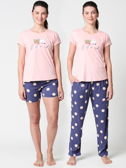 

Zeyo Women Pink & Blue Printed 3 Pc Night suit