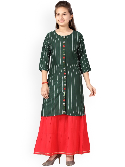 

Aarika Girls Green & Red Striped Thread Work Pure Cotton Kurta with Skirt