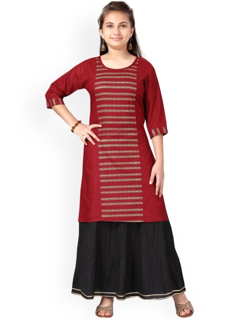 

Aarika Girls Maroon Printed Gotta Patti Pure Cotton Kurta with Skirt