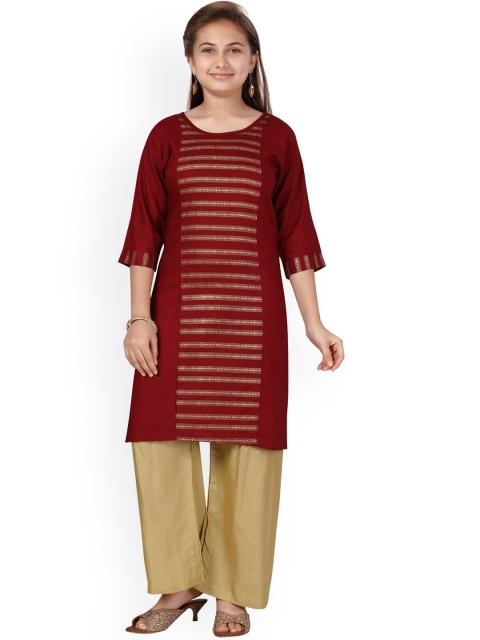 

Aarika Girls Maroon Printed Panelled Pure Cotton Kurta with Palazzos