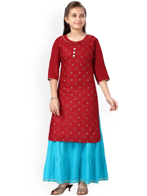 

Aarika Girls Maroon Ethnic Motifs Printed Pure Cotton Kurta with Palazzos