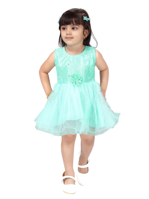 

Aarika Girls Turquoise Blue & light cyan Floral Net Dress