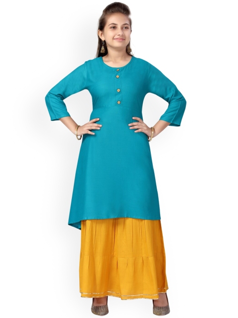 

Aarika Girls Teal Blue & Yellow Pure Cotton Kurti with Skirt