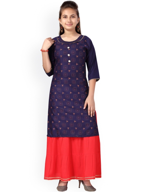 

Aarika Girls Navy Blue Printed Pure Cotton Kurti with Skirt