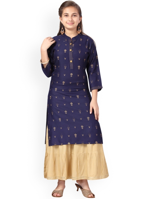 

Aarika Girls Navy Blue Floral Printed Pure Cotton Kurta with Skirt