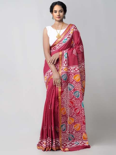 

Unnati Silks Pink Printed Handloom Sustainable Pure Hand Batik Mulmul Cotton Saree