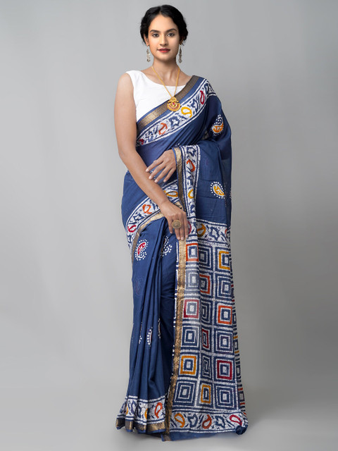 

Unnati Silks Navy Blue & Mustard Handloom Sustainable Batik Pure Cotton Block Print Saree