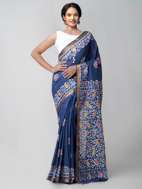 

Unnati Silks Navy Blue & White Zari Pure Cotton Handloom Sustainable Block Print Saree