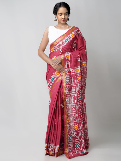 

Unnati Silks Pink & White Batik Handloom Sustainable Pure Cotton Block Print Saree