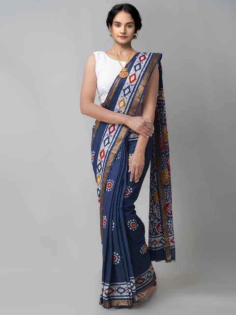 

Unnati Silks Navy Blue & White Handloom Batik Zari Mulmul Cotton Block Print Saree