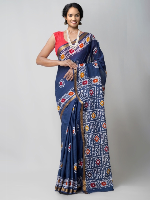 

Unnati Silks Navy Blue & Yellow Handloom Batik Zari Pure Cotton Block Print Saree