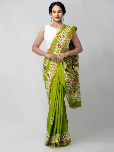 

Unnati Silks Green Printed Handloom Sustainable Pure Hand Batik Mulmul Cotton Saree