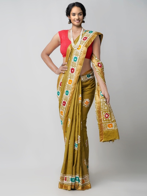 

Unnati Silks Olive Green & Mustard Handloom Batik Zari Pure Cotton Block Print Saree