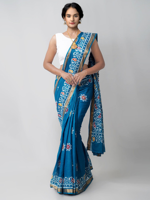 

Unnati Silks Teal & Red Batik Handloom Sustainable Pure Cotton Saree
