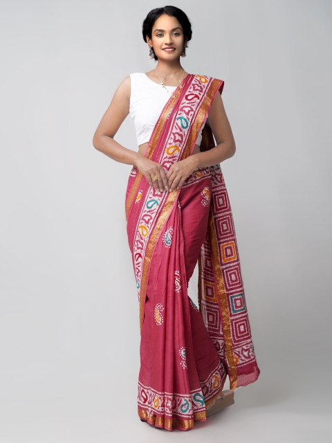 

Unnati Silks Pink & Blue Batik Pure Cotton Handloom Sustainble Block Print Saree
