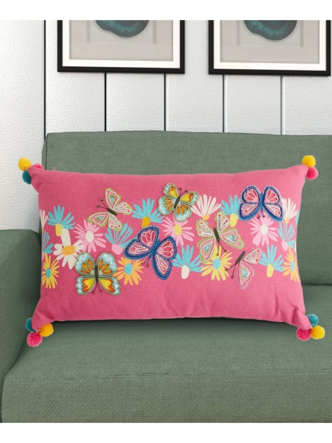 

Home Centre Multicolored Floral Embroidered Filled Decorative Rectangular Cushion, Pink