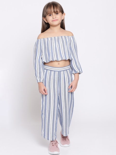 

Nauti Nati Girls Blue Striped Pure Cotton Off-Shoulder Long Sleeves Co-ords