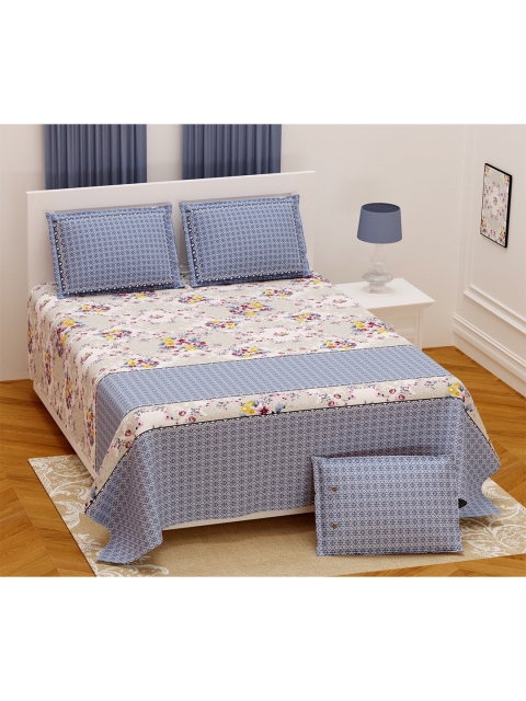 

Aura Grey Melange & Blue Floral 200 TC King Bedsheet with 2 Pillow Covers