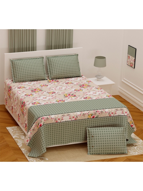 

Aura Green & Pink Floral 200 TC King Bedsheet with 2 Pillow Covers