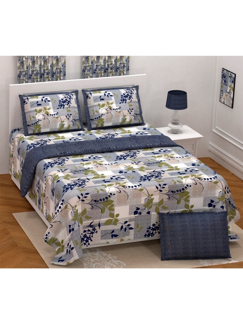 

Aura Blue & Green Floral 200 TC King Bedsheet with 2 Pillow Covers