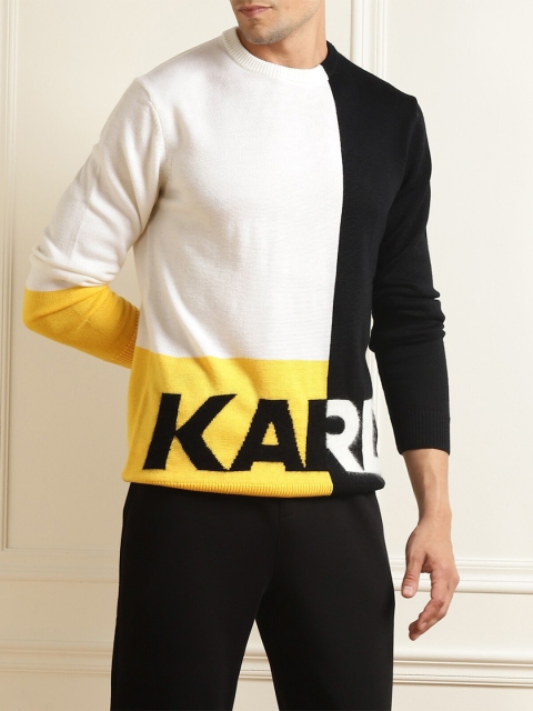 

LAGERFELD Men White & Yellow Typography Printed Pullover