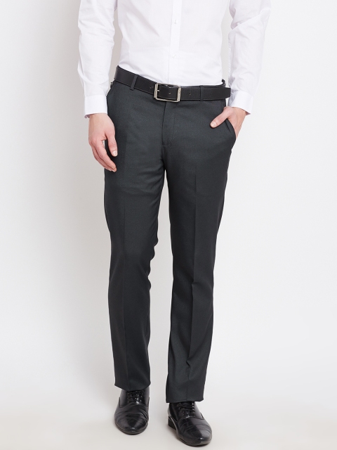 

John Players Men Charcoal Grey Solid Slim Fit Flat-Front Formal Trousers