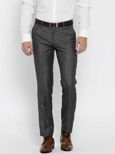 

John Players Men Grey Solid Slim Flat-Front Formal Trousers