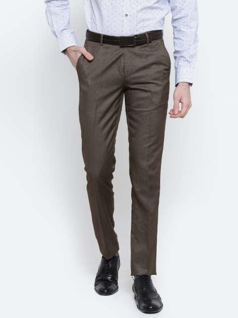

John Players Men Taupe Solid Slim Fit Flat-Front Formal Trousers