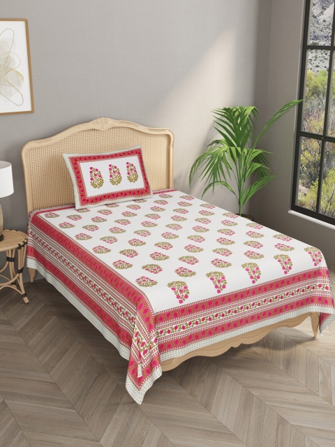 

Gulaab Jaipur White & Pink Ethnic Motifs Single Bedsheet with 1 Pillow Covers
