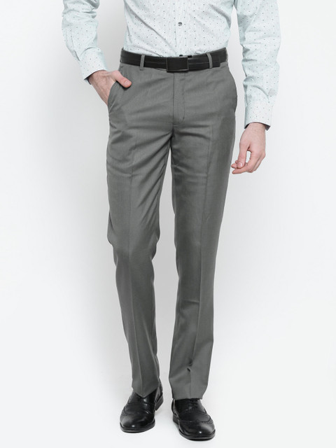 

John Players Men Grey Solid Flat-Front Formal Trousers