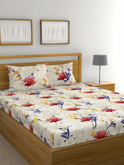

Raymond Home Off-White Floral Printed 104 TC Queen Cotton Bedsheet with 2 Pillow Covers