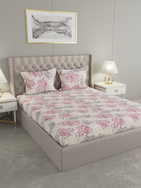 

Raymond Home White Floral 104 TC Queen Size Cotton Bedsheet with 2 Pillow Covers