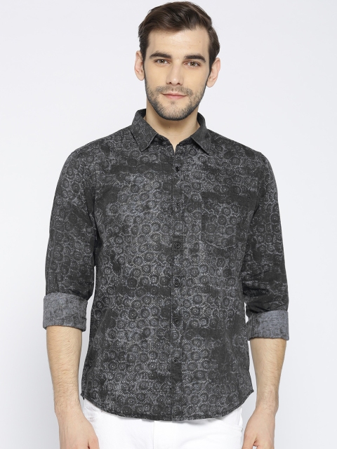 

John Players Men Grey Trim Fit Printed Chambray Shirt