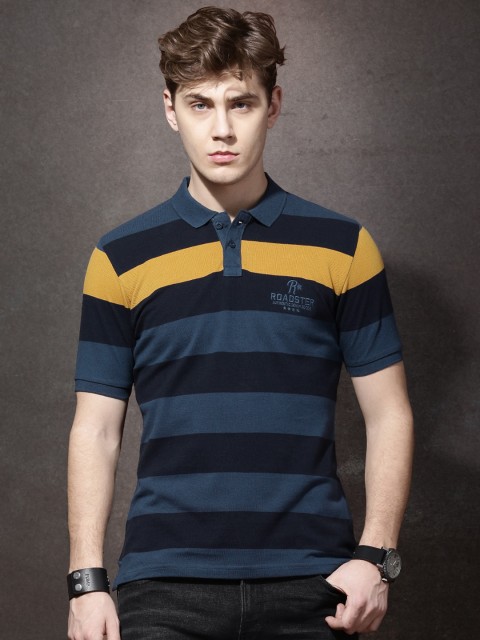 

Roadster Men Blue Striped Polo Collar T-shirt