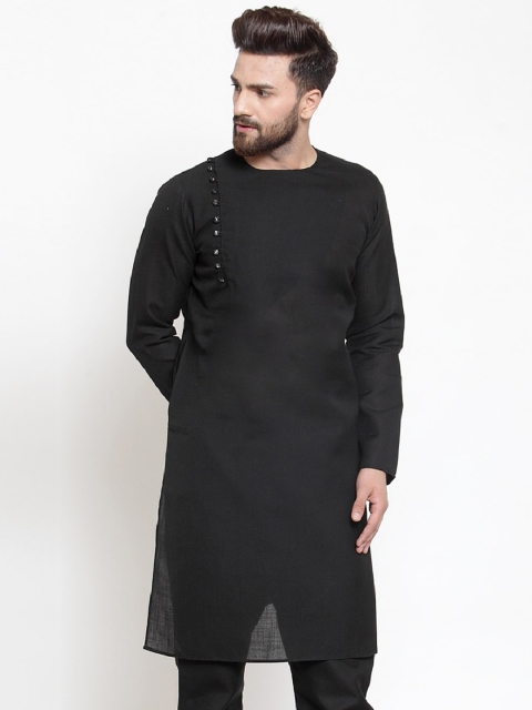 

TREEMODA Men Pure Cotton Black Solid Angrakha Kurta