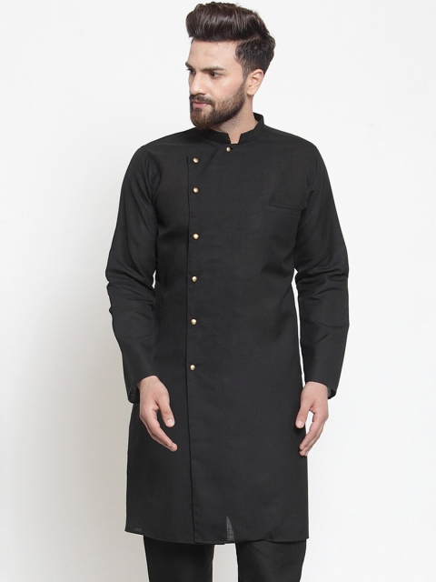 

TREEMODA Men Black Solid Angrakha Linen Kurta