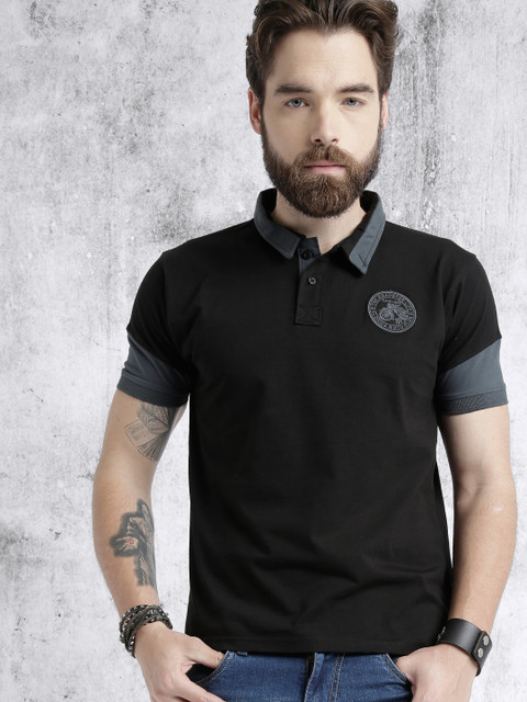 

Roadster Men Black Solid Polo Collar Pure Cotton T-shirt