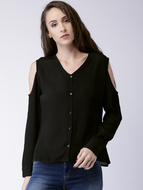 

Moda Rapido Women Black Solid Cold Shoulder Top