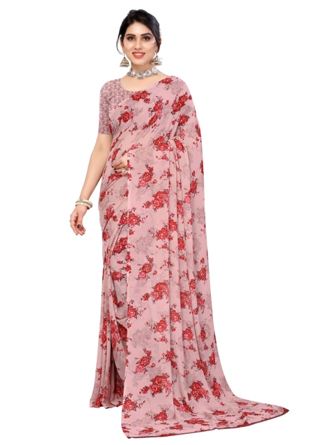 

KALINI Pink & Red Floral Pure Georgette Saree