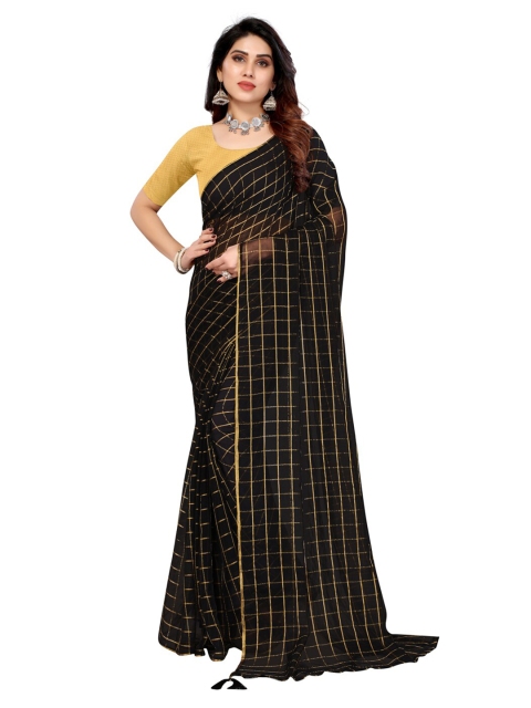 

KALINI Black & Gold-Toned Checked Zari Pure Chiffon Saree