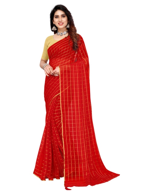 

KALINI Red & Gold-Toned Checked Pure Chiffon Saree