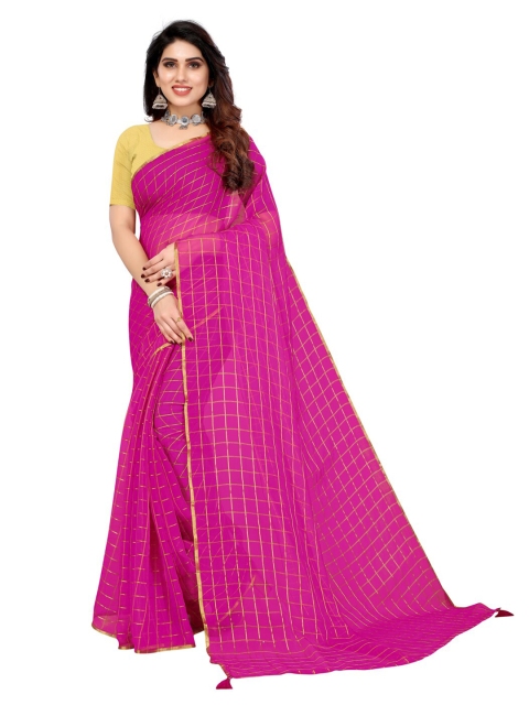 

KALINI Pink & Gold-Toned Checked Zari Pure Chiffon Saree