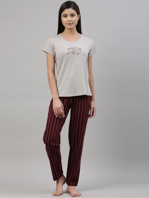 

GOLDSTROMS Women Grey & Maroon Printed Night suit
