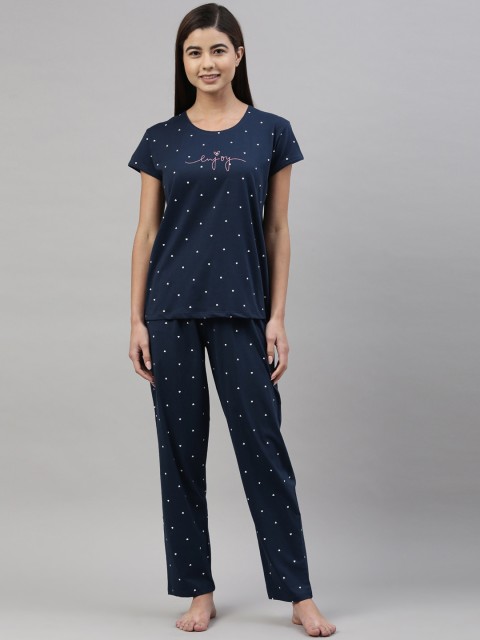 

GOLDSTROMS Women Navy Blue & White Polka Dots Printed Night suit