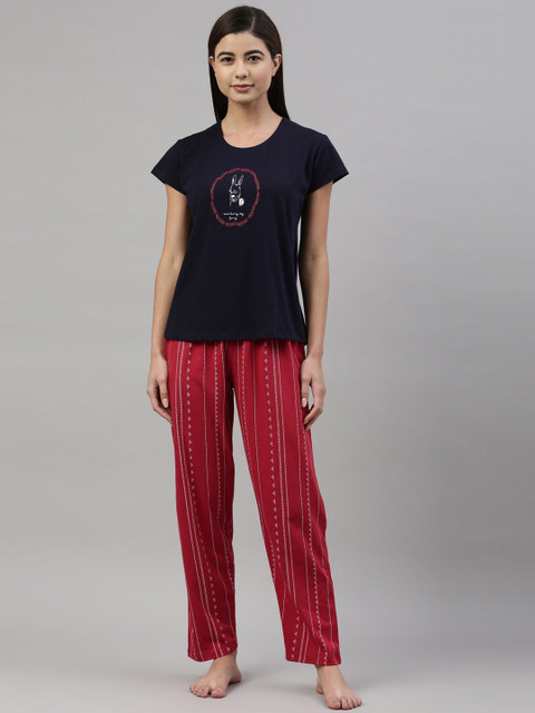 

GOLDSTROMS Women Navy Blue & Red Printed Night suit