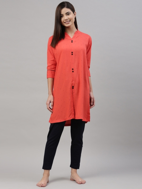 

GOLDSTROMS Women Orange & Black Polka Dots Printed Long Top Night Suit