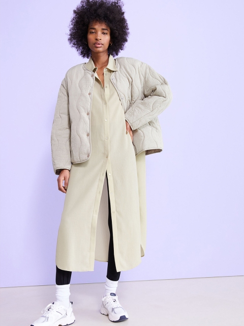 

H&M Women Beige Solid Jacquard-Weave Shirt Dress