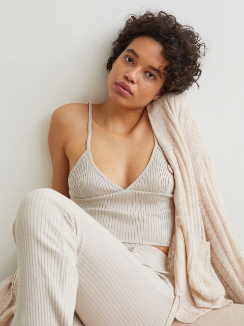 

H&M Women Beige Ribbed Cotton Top